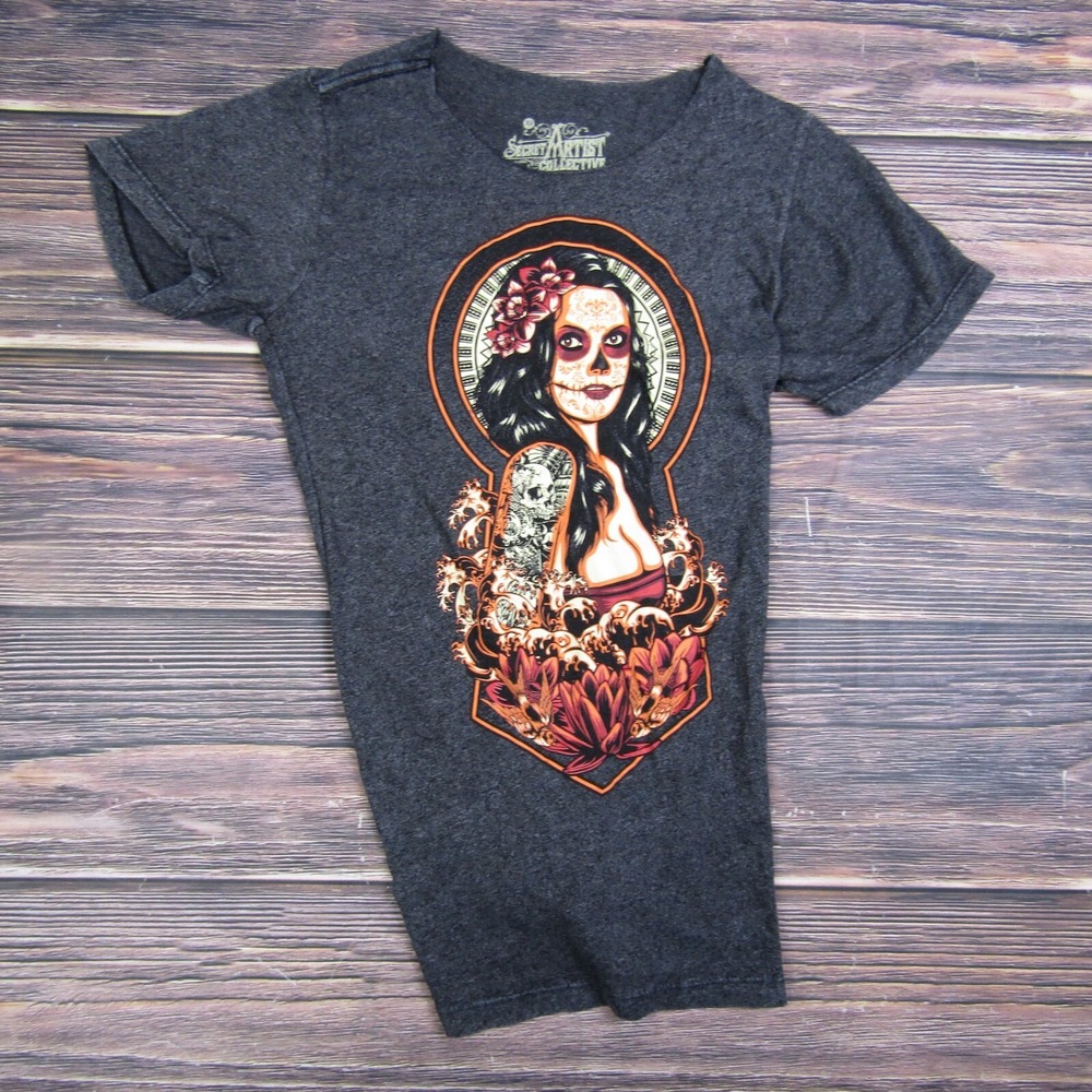Secret Artist Collective Womens XS Gray T Shirt Back Scrunch‎ Tattoo